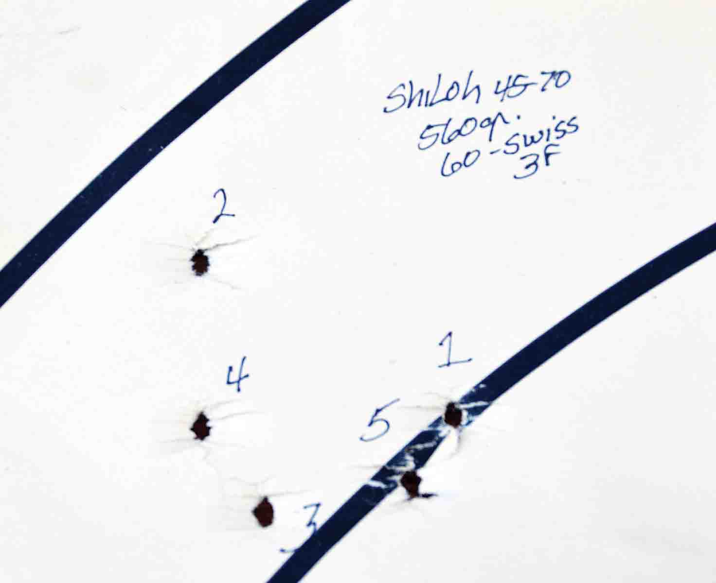 The first three shots revealed the parameters of this group while the last two fell within, or at least near, those limits. This group measures 2.5 inches and was fired at 200 yards.